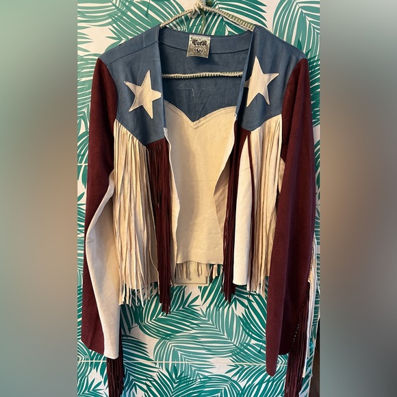 Vocal Jackets & Blazers - Vocal Apparel fringe faux suede American flag jacket sz XL NWT Red, white& blue